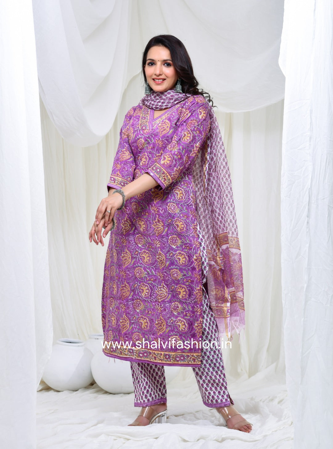 Shop purple base hand block print cotton suits with kota dupatta (CSS137KD)