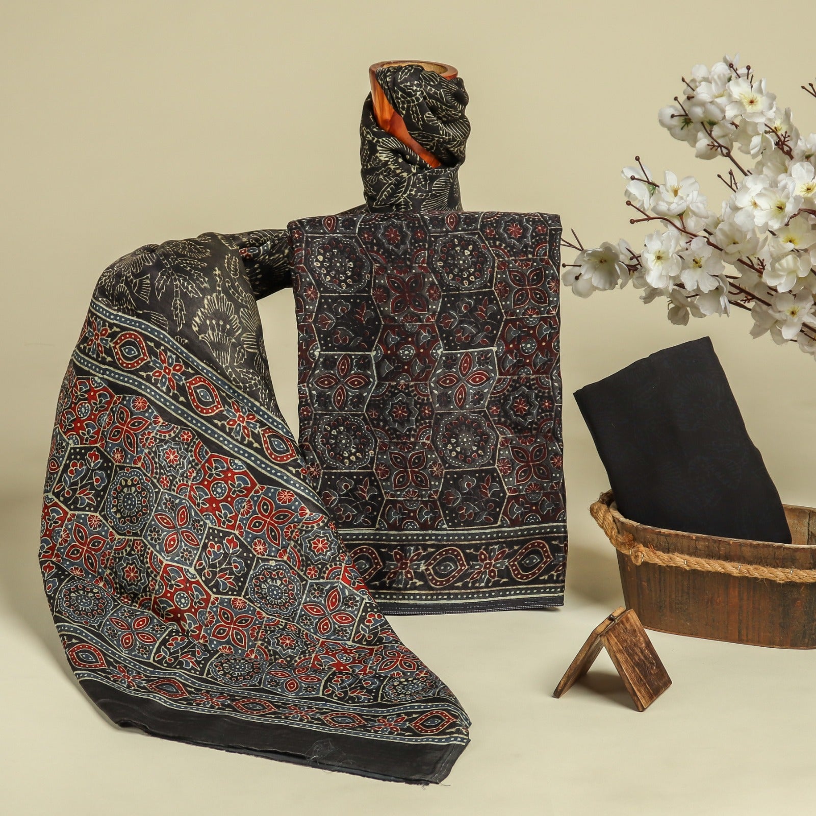 Designer Hand Block Print Pure Gaji Silk Suit Set (GAS01)