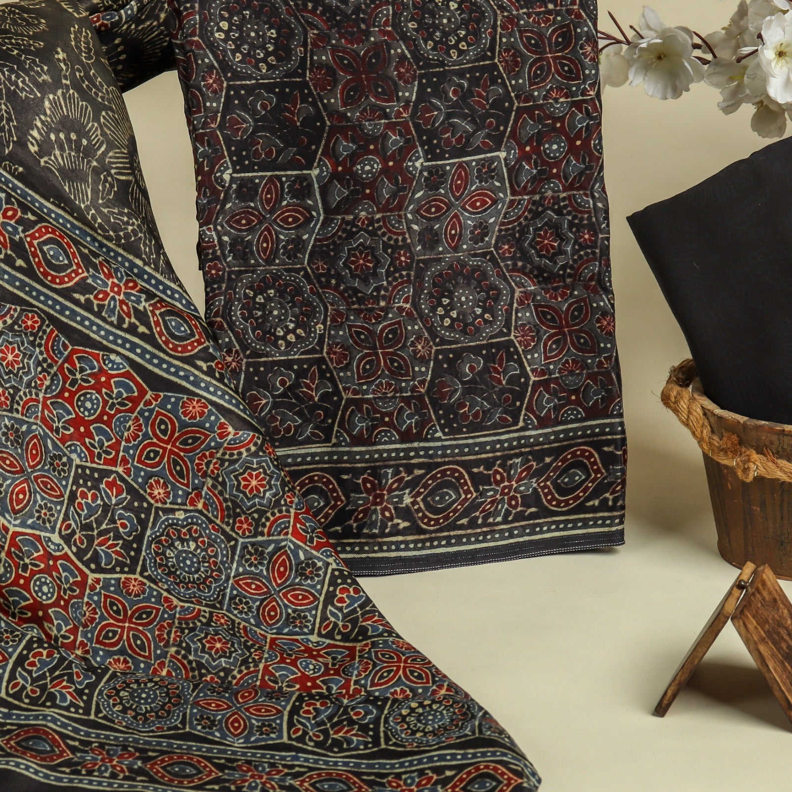 Designer Hand Block Print Pure Gaji Silk Suit Set (GAS01)