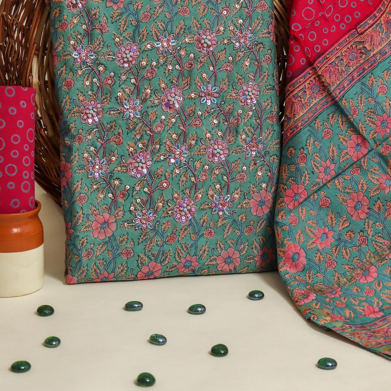 Shop unstitched hand work chanderi silk suits online shopping (GOTA31)