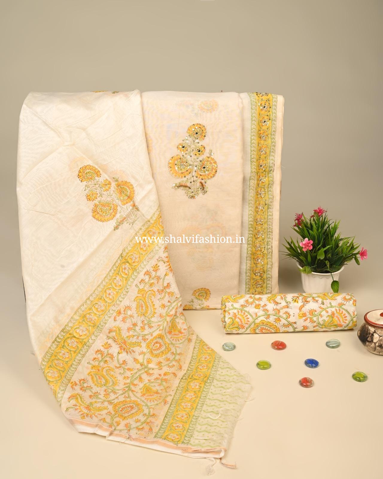 Shop unstitched hand work chanderi silk suits (GOTA82)