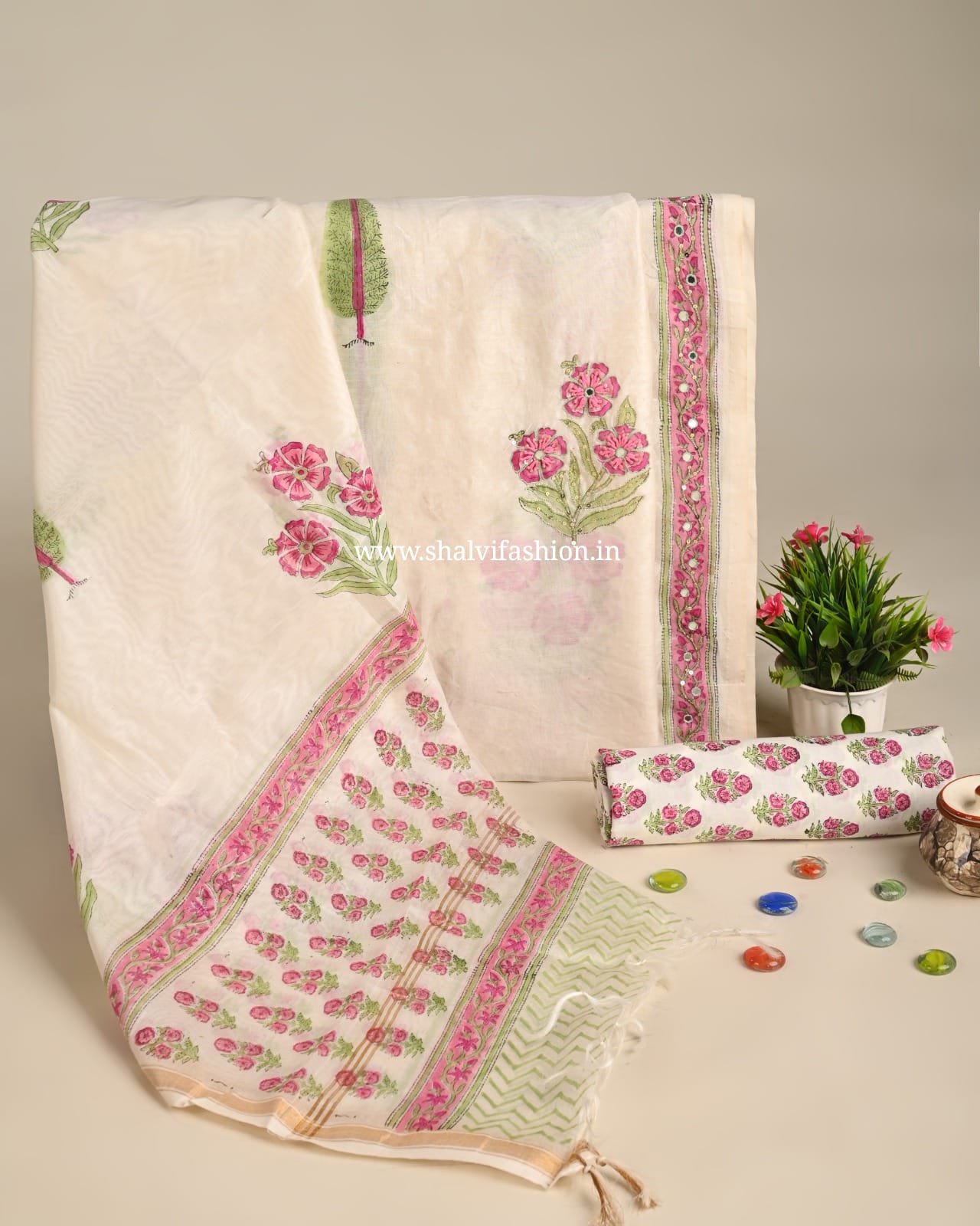 Shop unstitched hand work chanderi silk suits (GOTA96)