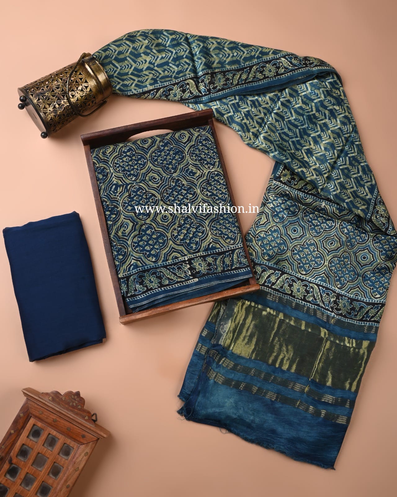 Shop unstitched ajrak print modal silk suits in jaipur (MOD165)