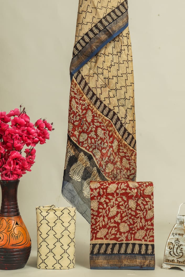 Shop unstitched bagru printed maheshwari silk suits (MSL02)