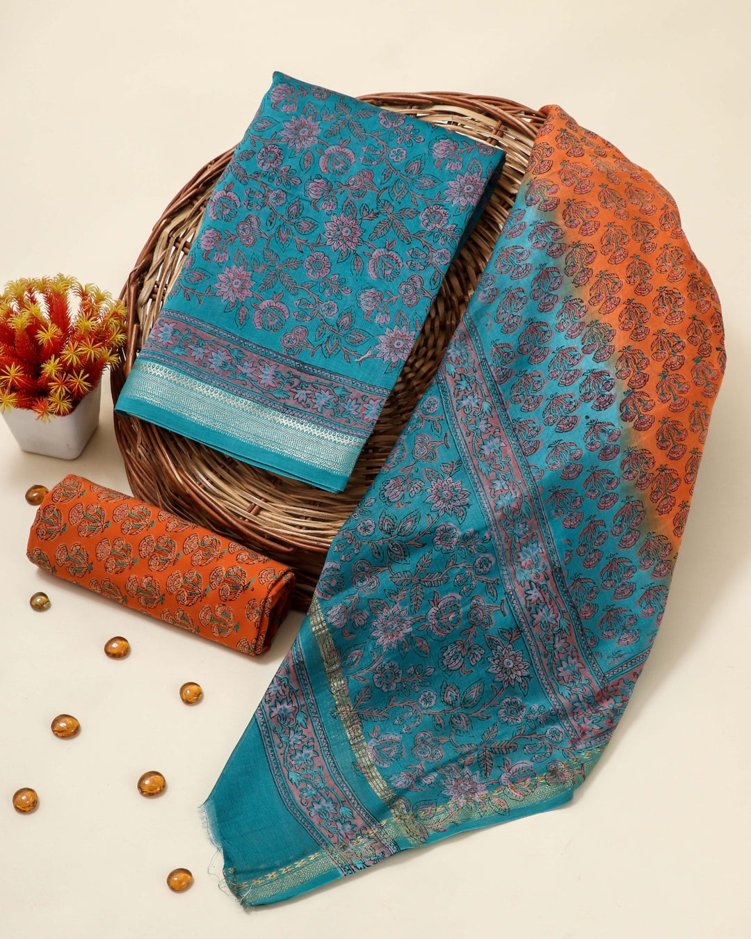 Shop hand block print maheshwari silk suits in jaipur (MSL165)