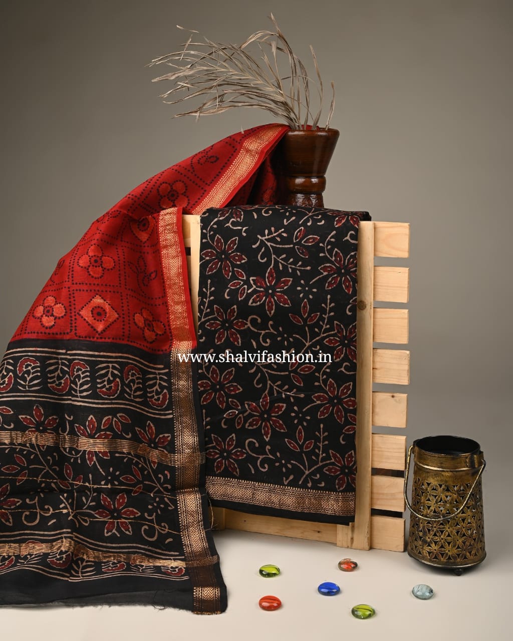 Shop unstitched ajrakh print maheshwari silk two piece sets(MSL208)