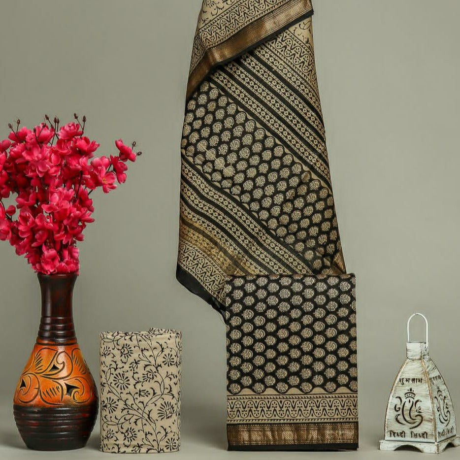 Shop unstitched black hand block print maheshwari silk suits (MSL297)