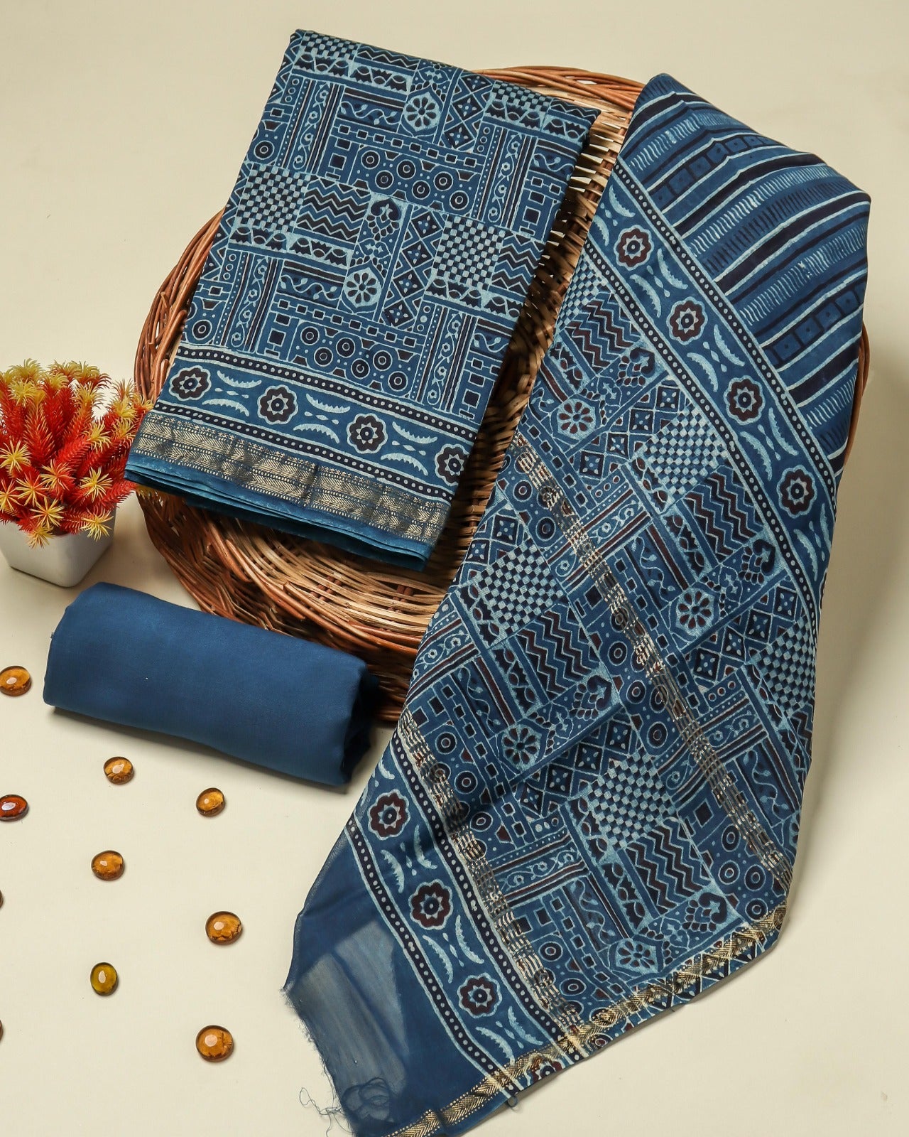 Shop unstitched hand block print maheshwari silk suits (MSL310)