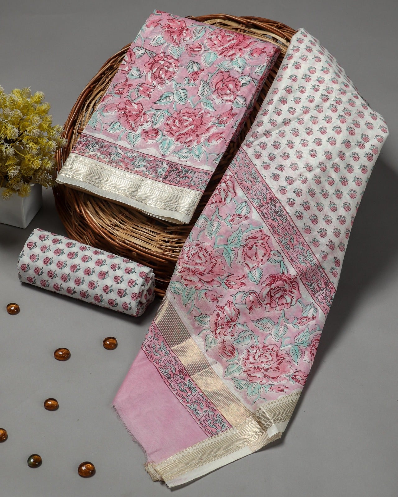 Shop pink hand block print maheshwari silk suits (MSL35)