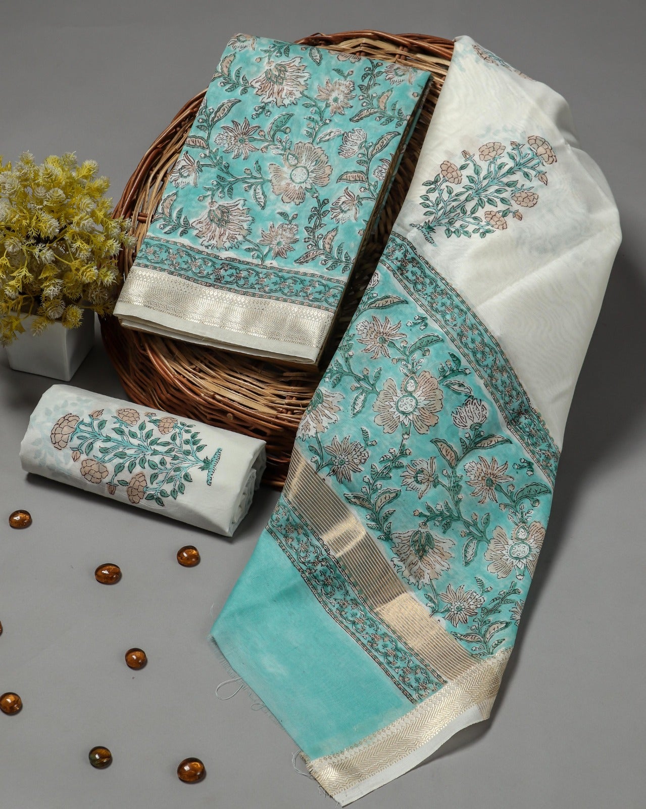 Shop blue block print maheshwari silk suits in jaipur (MSL36)