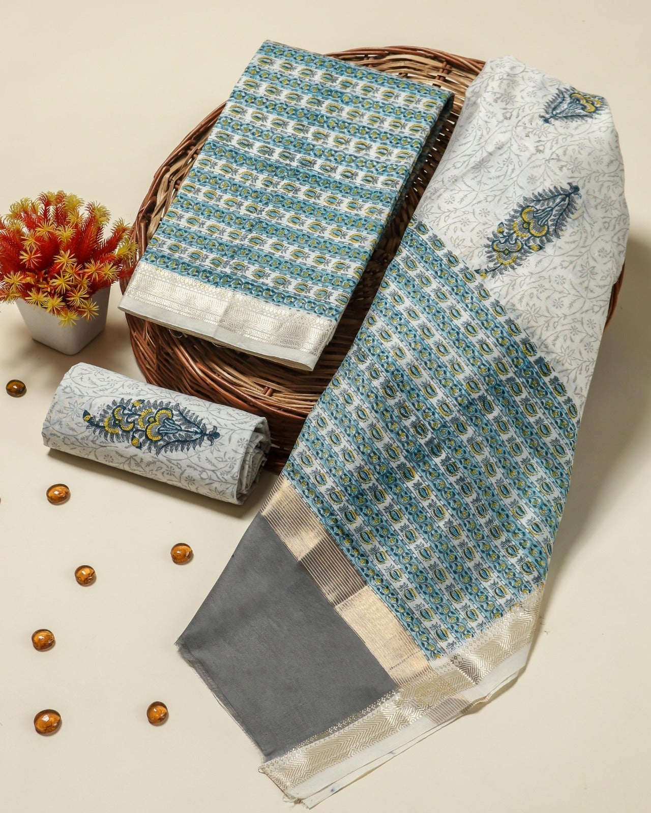 Shop unstitched block print maheshwari silk suits (MSL37)