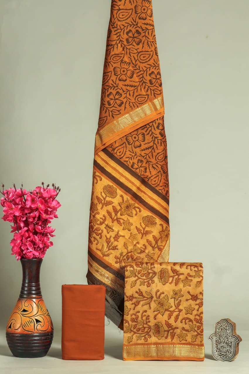 Shop vanaspati print hand block printed mahehswari silk suits (MSL384)