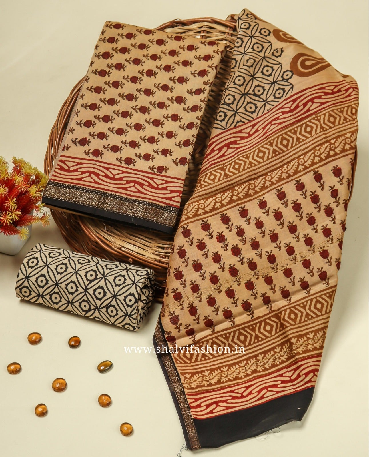 Shop unstitched hand block print maheshwari silk suits (MSL447)