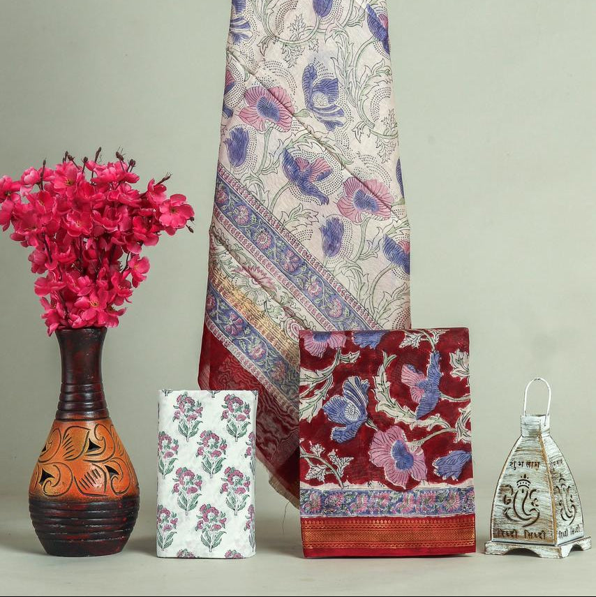 Shop unstitched block print maheshwari silk suits (MSL553)