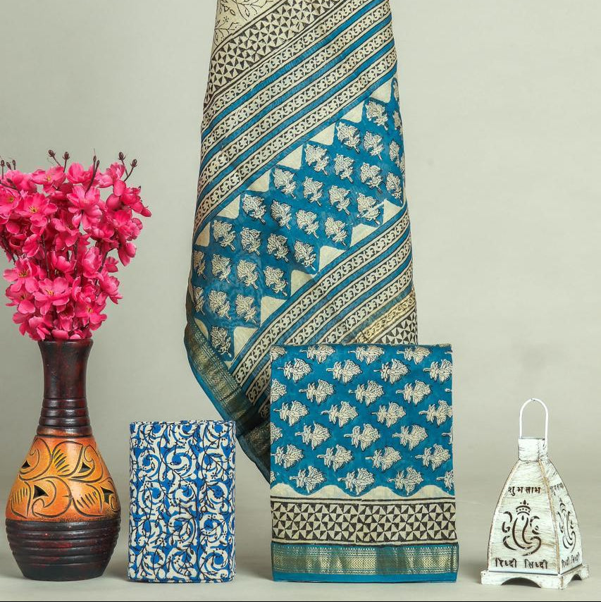 Shop unstitched block print maheshwari silk suit set (MSL561)