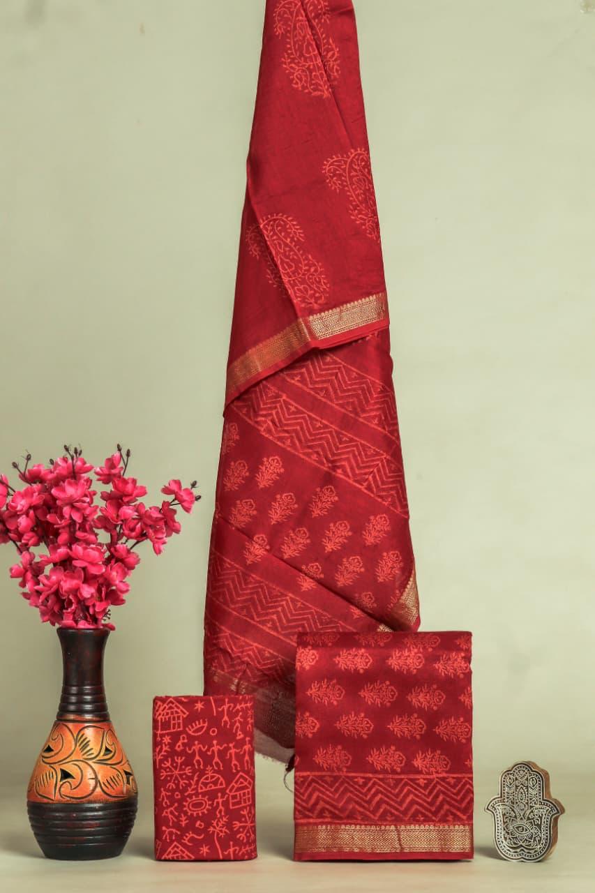 Shop unstitched block printed maheshwari silk suits online (MSL567)