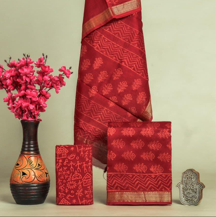 Shop unstitched block printed maheshwari silk suits online (MSL567)