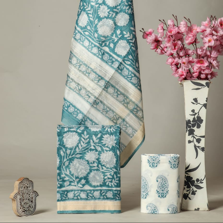 Shop hand block printed maheshwari silk suits (MSL616)