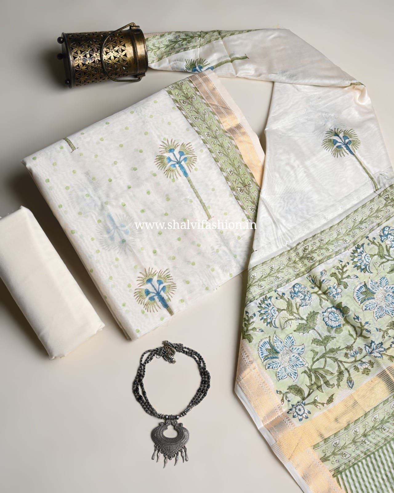 Unstitched Hand Block Print Maheshwari Silk Suit Set (MSL624)