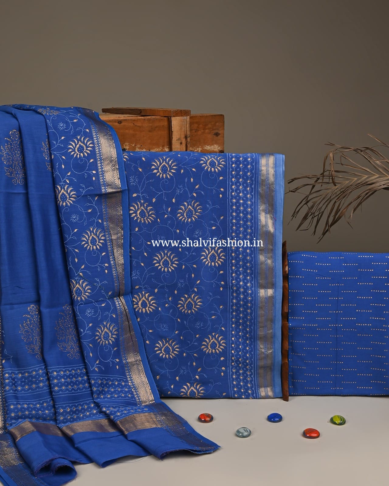 Shop blue block print maheshwari silk suits online shopping (MSL68)