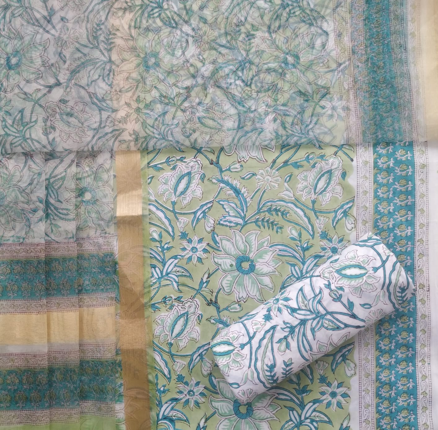 Shop Unstitched Hand Block Print Pure Cotton Suits with Organza Dupatta (TORG41)