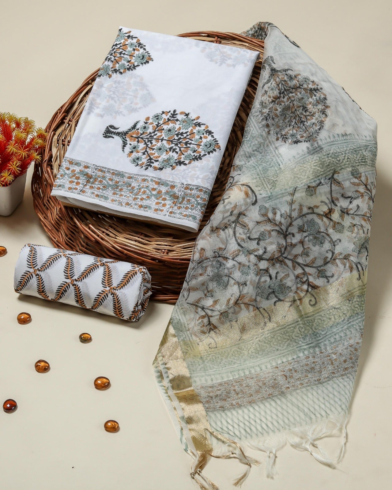 Shop unstitched cotton suit sets with organza dupatta (ORG277)