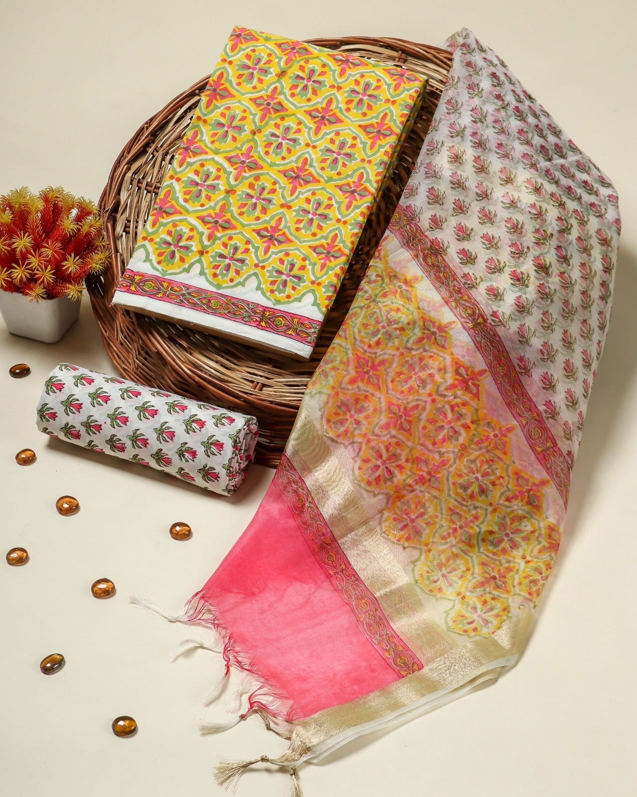 Shop unstitched cotton suits with iorganza dupatta (ORG278)