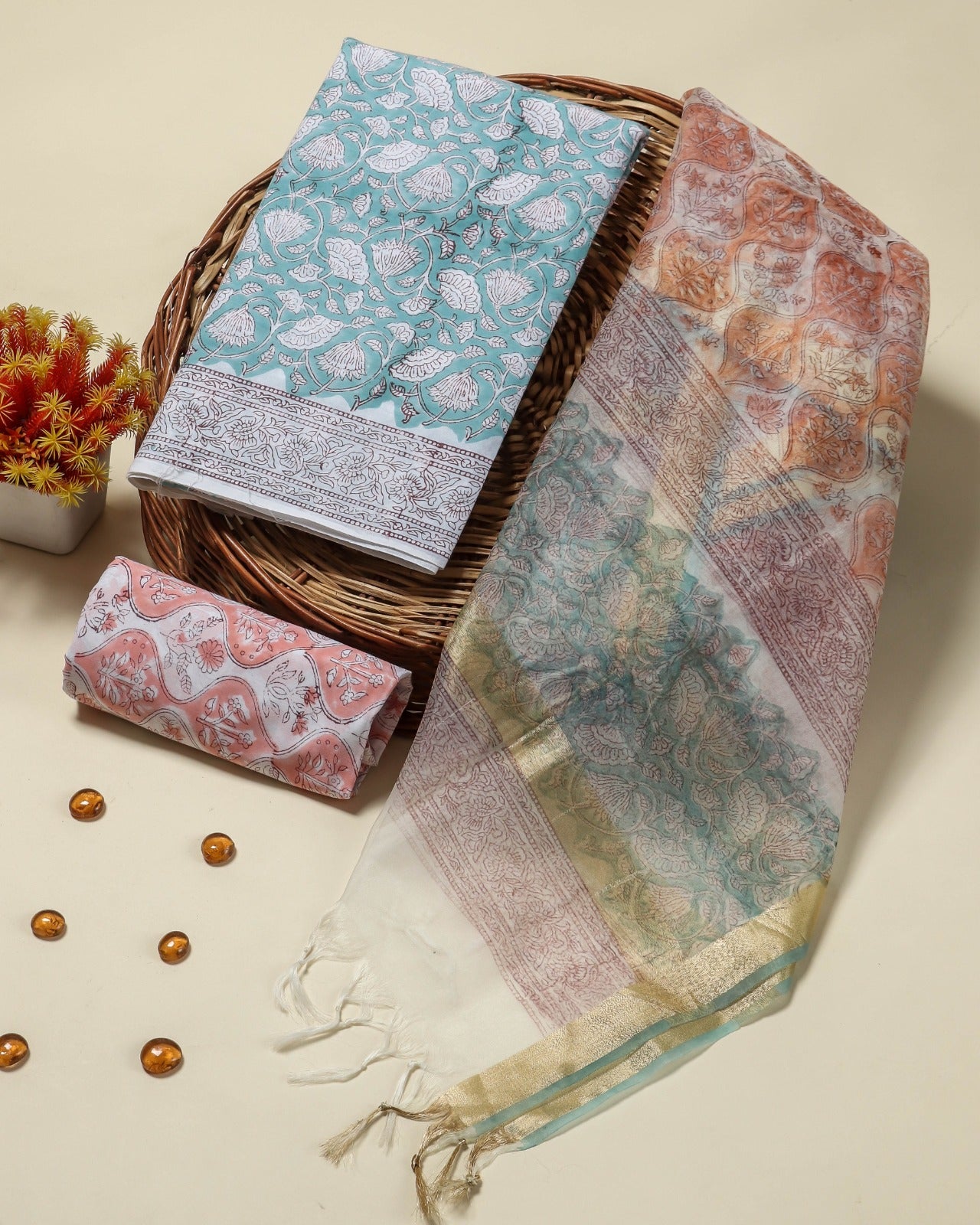 Shop jaipuri print cotton suit set with organza dupatta (ORG282)