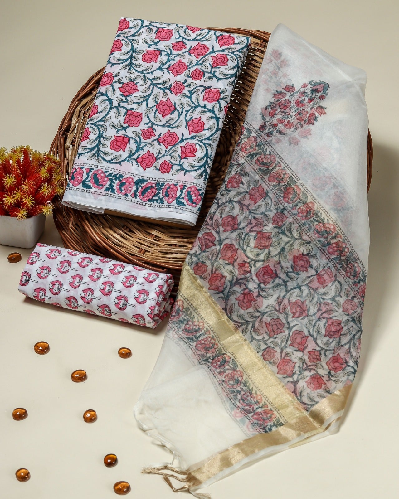 Shop unstitched cotton suit sets with organza dupatta (ORG286)