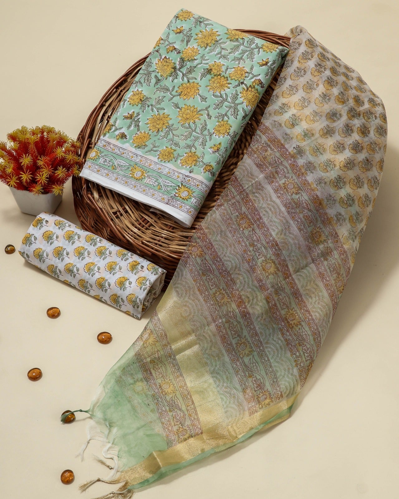 Shop unstitched cotton suit sets with organza dupatta (ORG294)