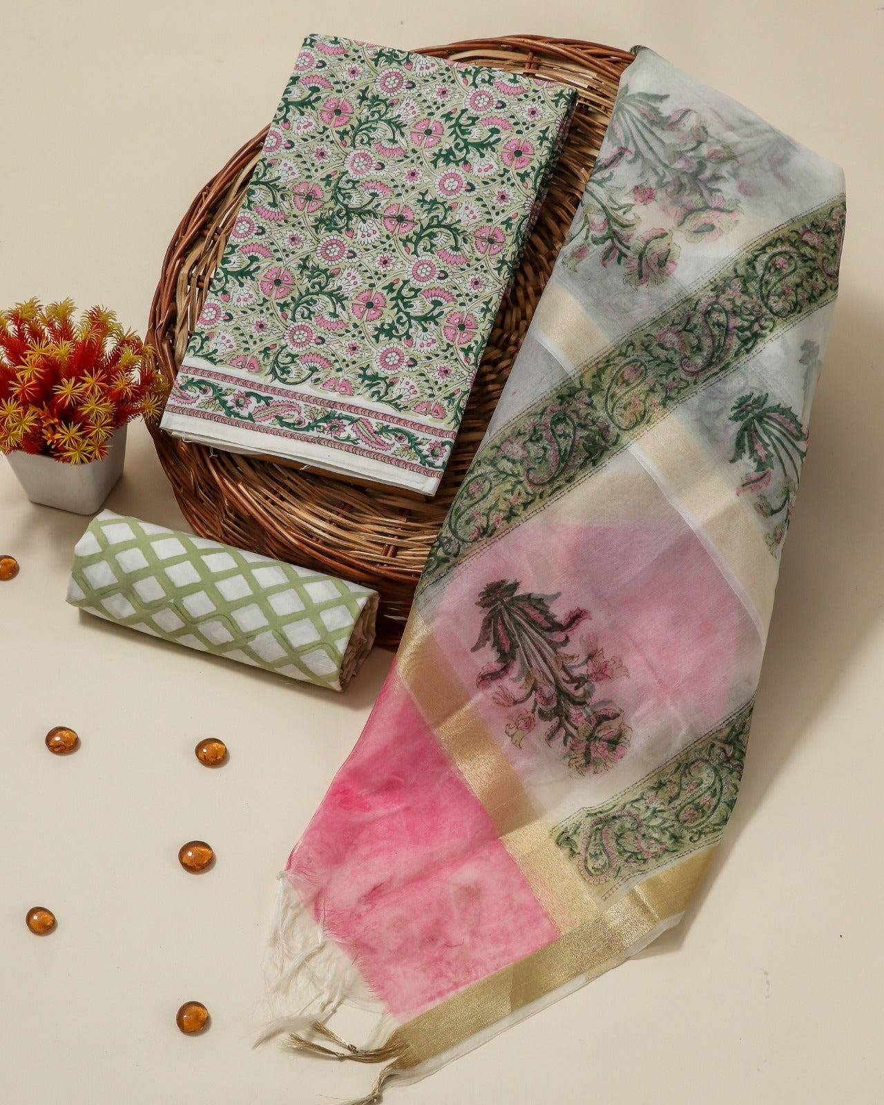 Shop unstitched cotton suit set with organza dupatta (ORG298)