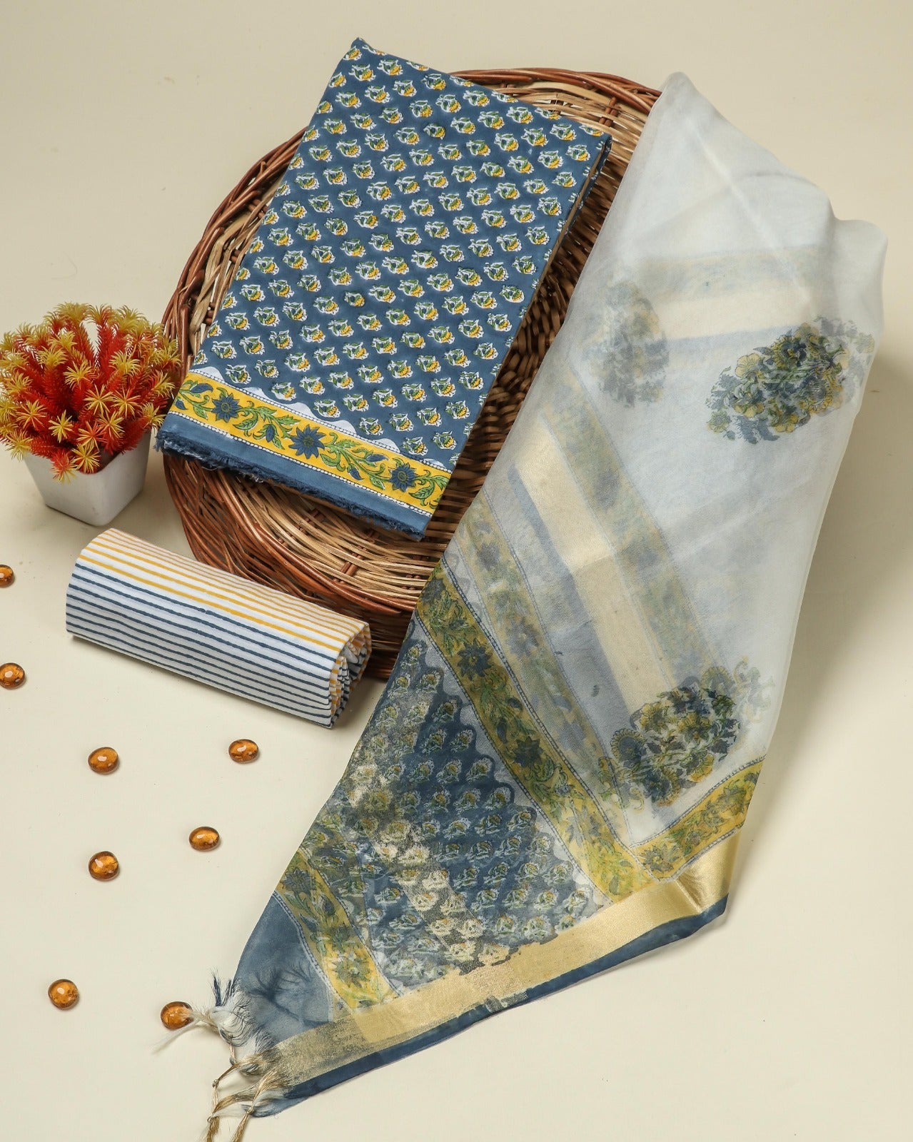 Shop unstitched block print cotton suit sets with organza dupatta (ORG301)