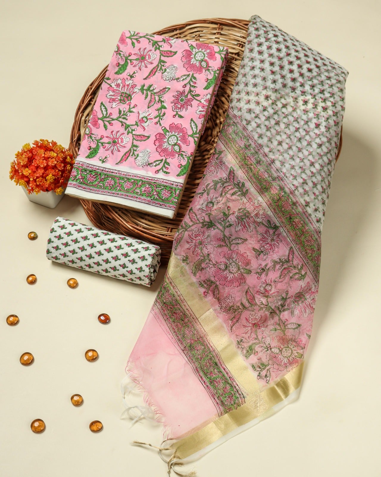 Shop unstitched pink jaal print cotton suit set with organza dupatta (ORG304)