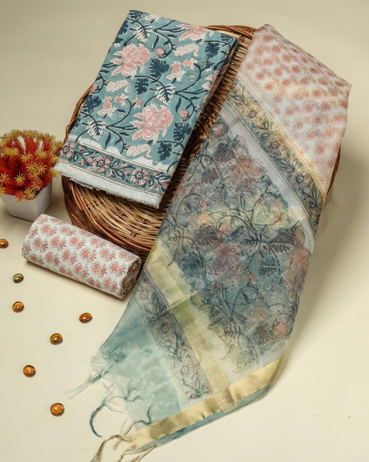 Shop unstitched hand block print cotton suits with organza dupatta (ORG308)