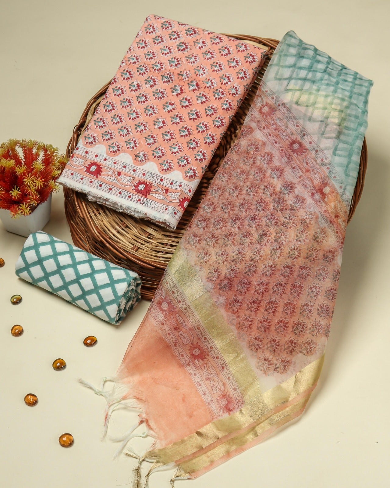 Shop block printed organza dupatta cotton suits online (ORG309)