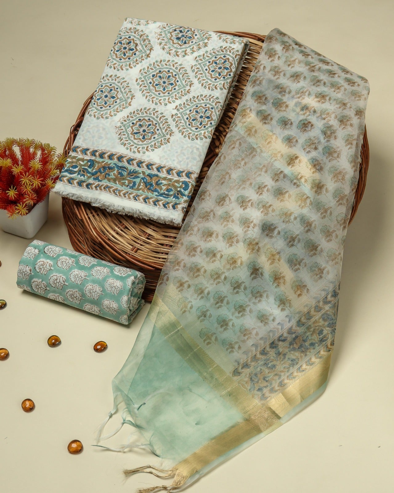 Shop jaipuri print pure cotton suits with organza dupatta (ORG310)