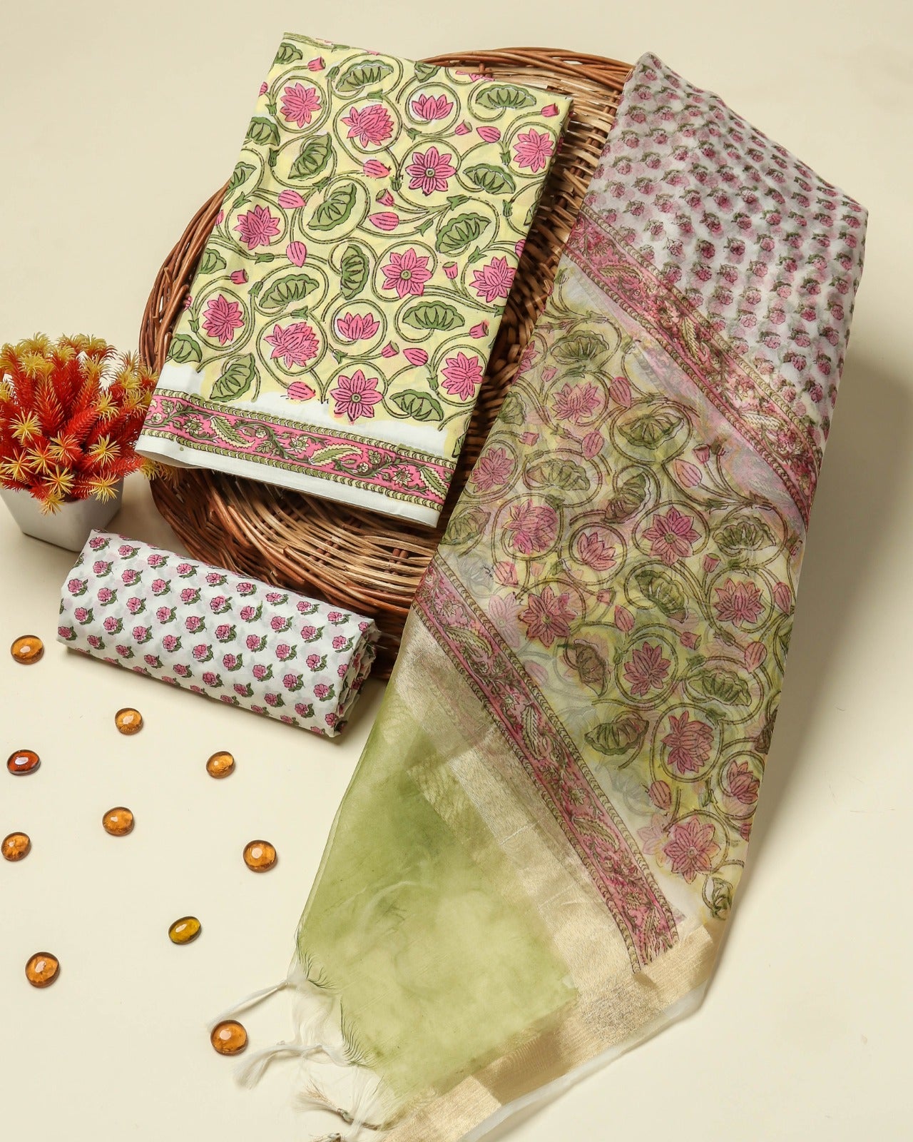 Shop block printed cotton suits with organza dupatta online (ORG318)