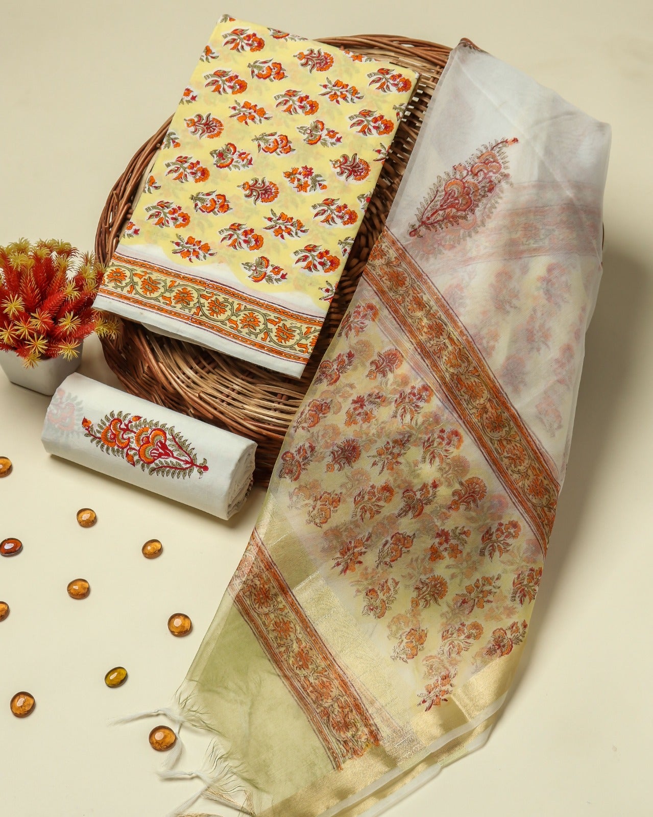 Shop yellow buti print cotton suits with organza dupatta in jaipur (ORG319)