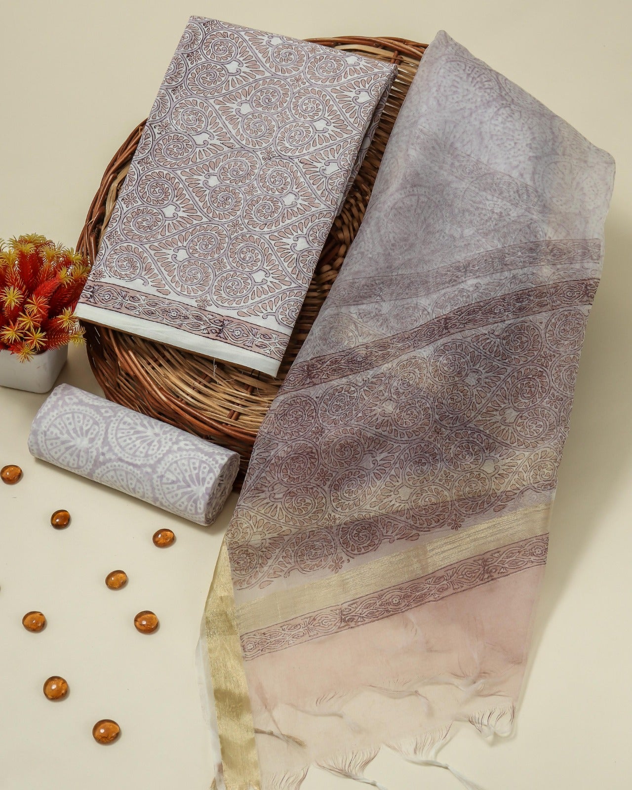 Shop unstitched cotton suits with organza dupatta in jaipur (ORG321)