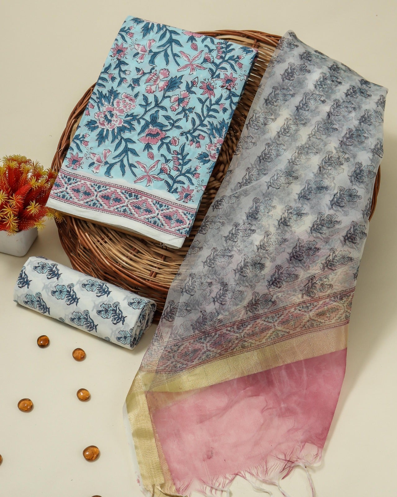 Shop hand block printed cotton suits with organza dupatta online (ORG322)