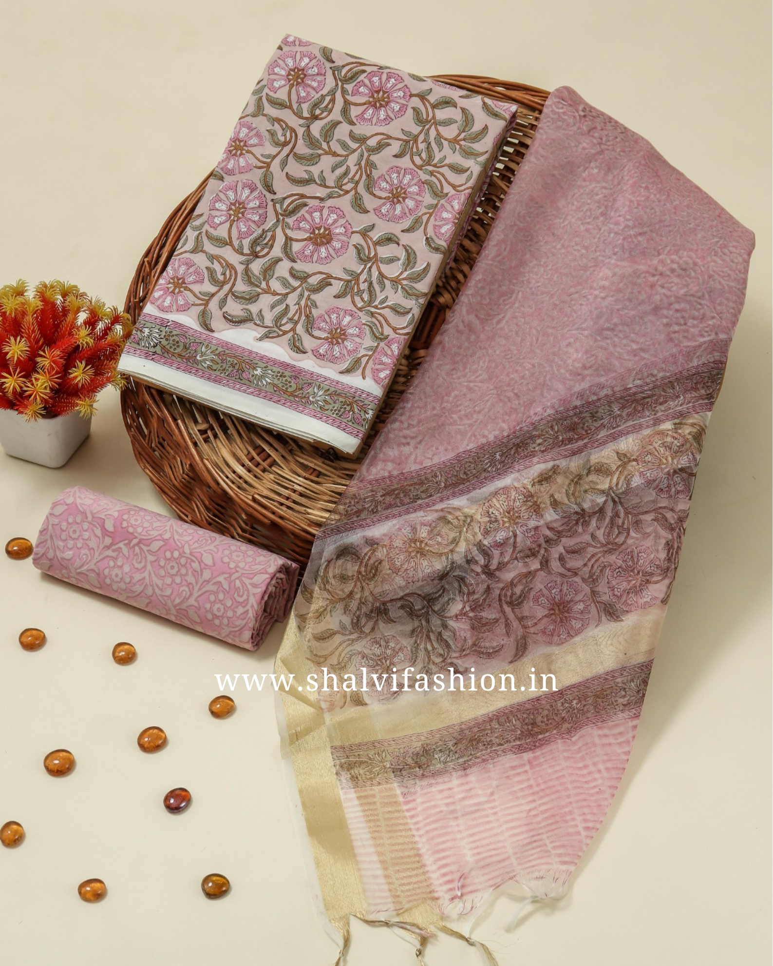 Shop jaipuri print cotton suits with organza dupatta (ORG328)