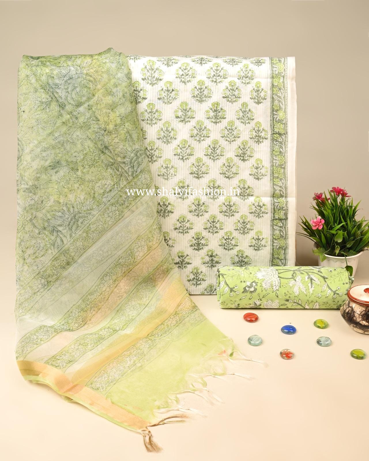 Shop hand block printed cotton suits with organza dupatta (ORG340)