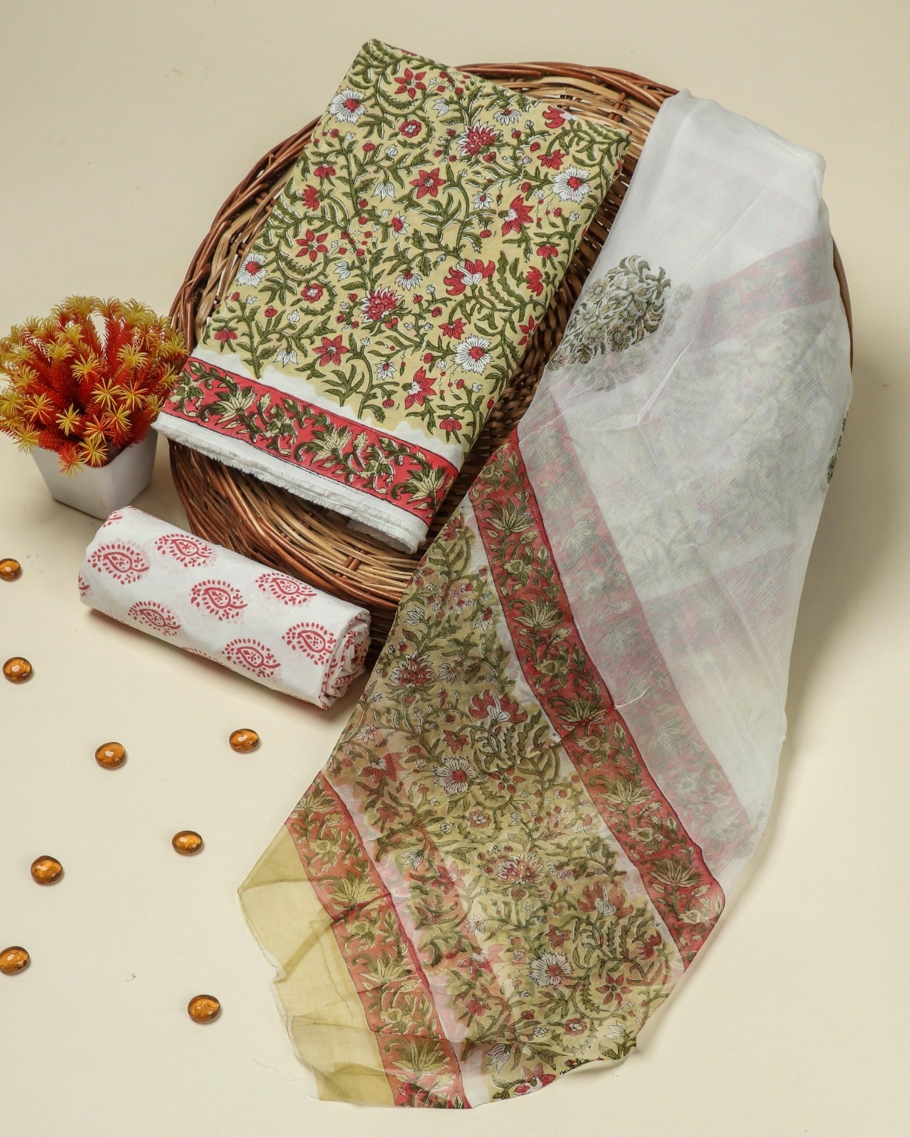 Shop block printed cotton suits with chiffon dupatta online (PCHF105)