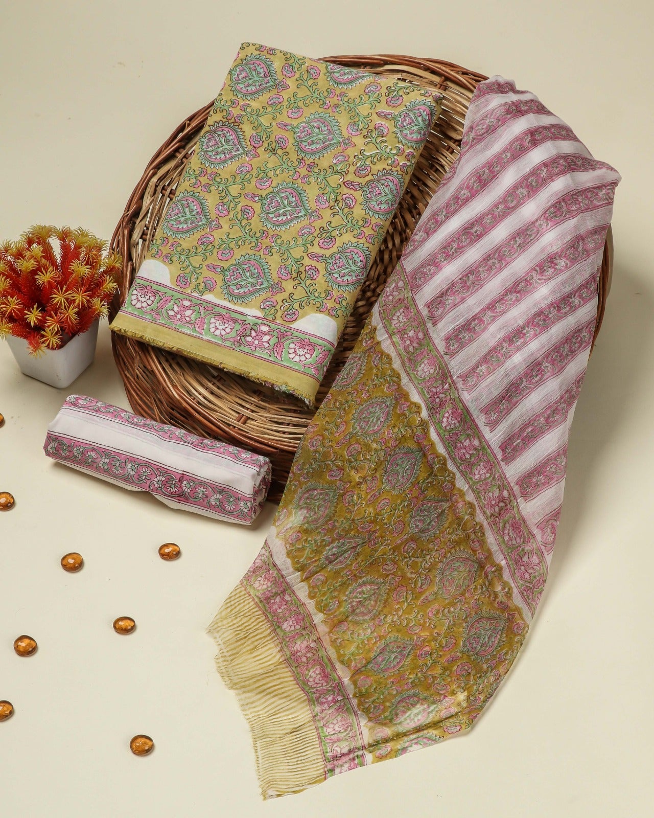 Shop hand block print cotton suits with chiffon dupatta in jaipur (PCHF106)