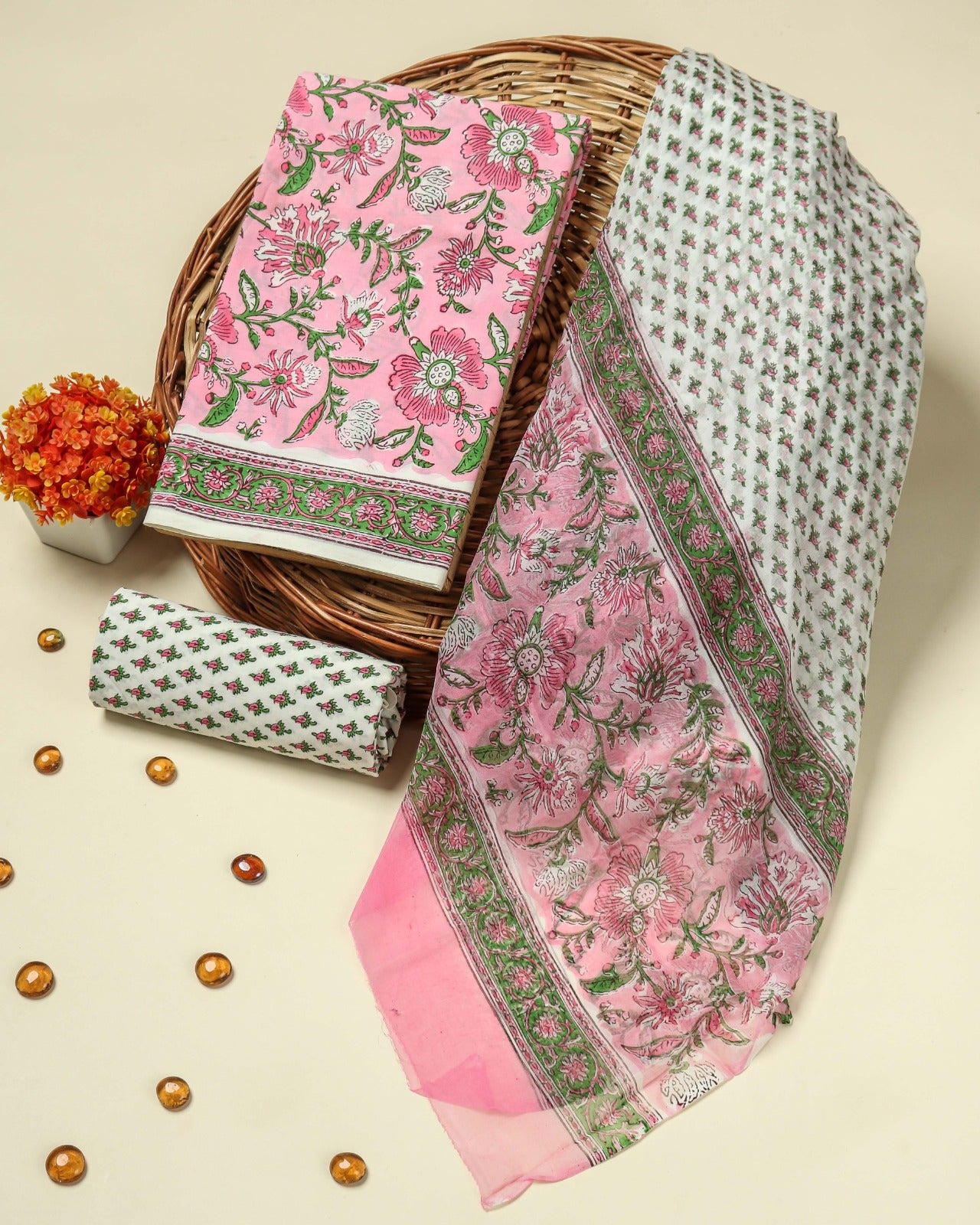 Shop pink jaal print cotton suit set with chiffon dupatta (PCHF109)