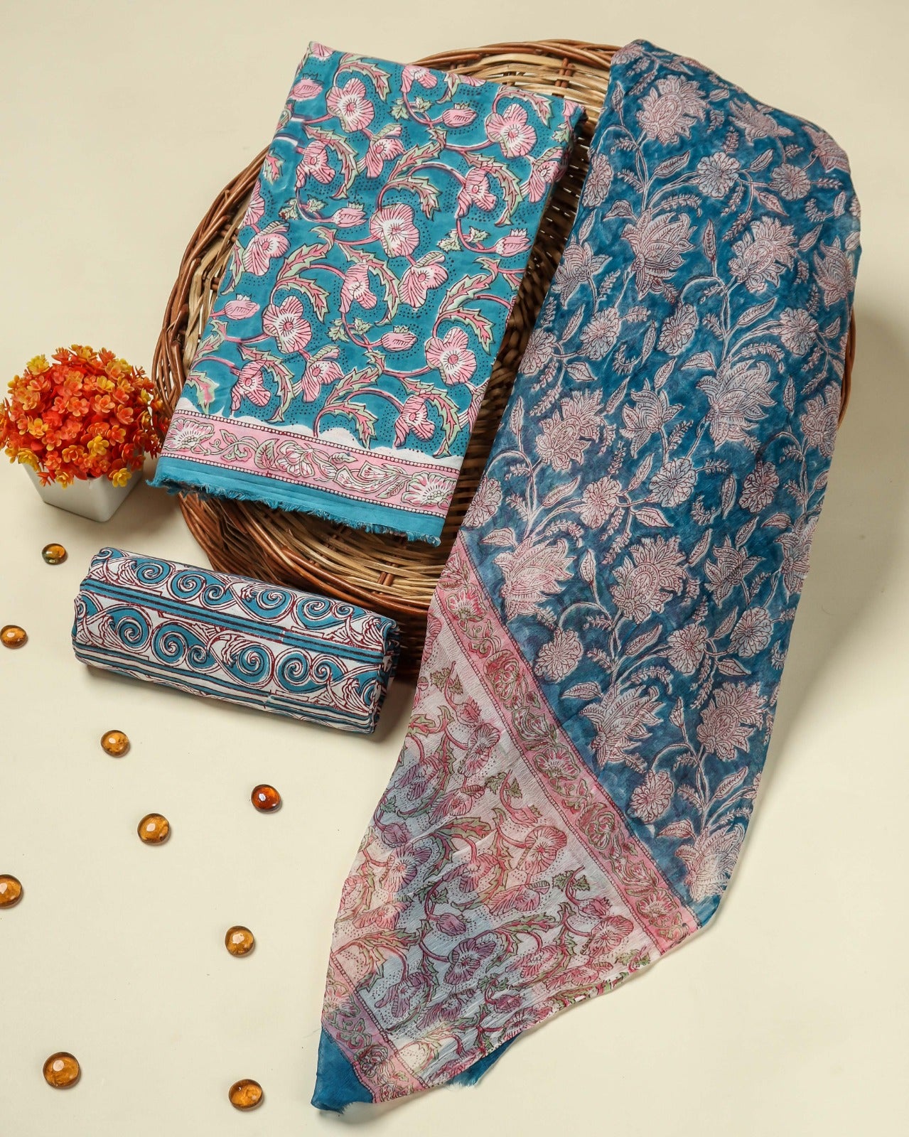 Shop blue jaal print cotton suit set with chiffon dupatta in jaipur (PCHF116)