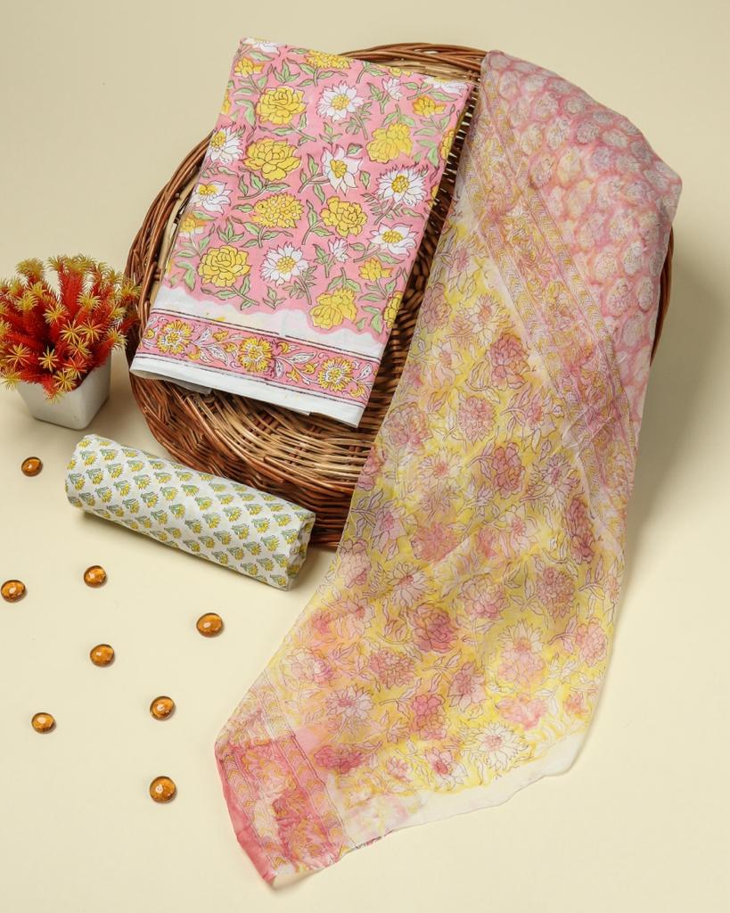 Shop unstitched cotton suit sets with chiffon dupatta (PCHF118)