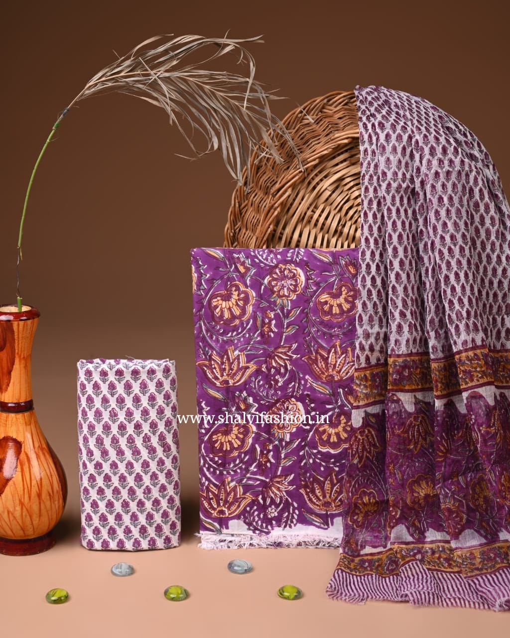 Shop block printed cotton suits with chiffon dupatta in jaipur (PCHF119)