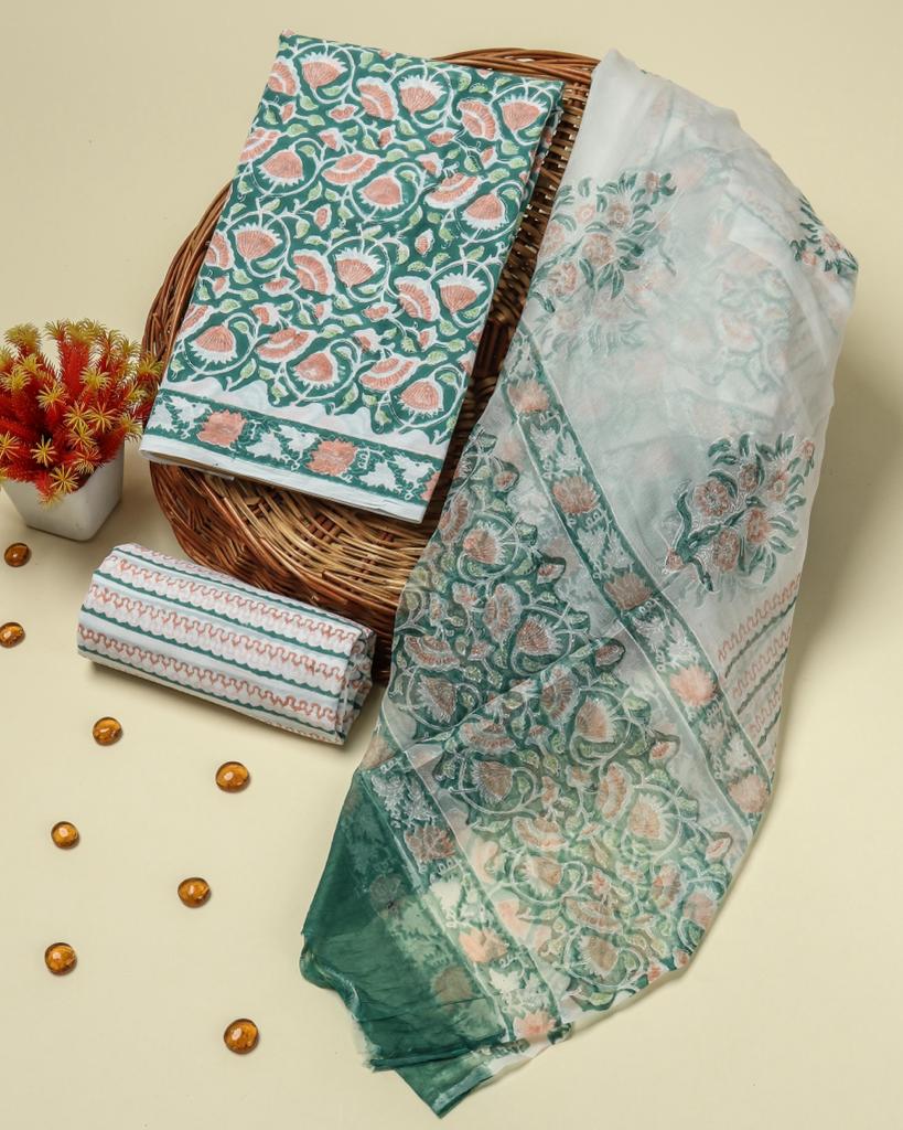 Shop block print chiffon dupatta cotton suit sets (PCHF122)