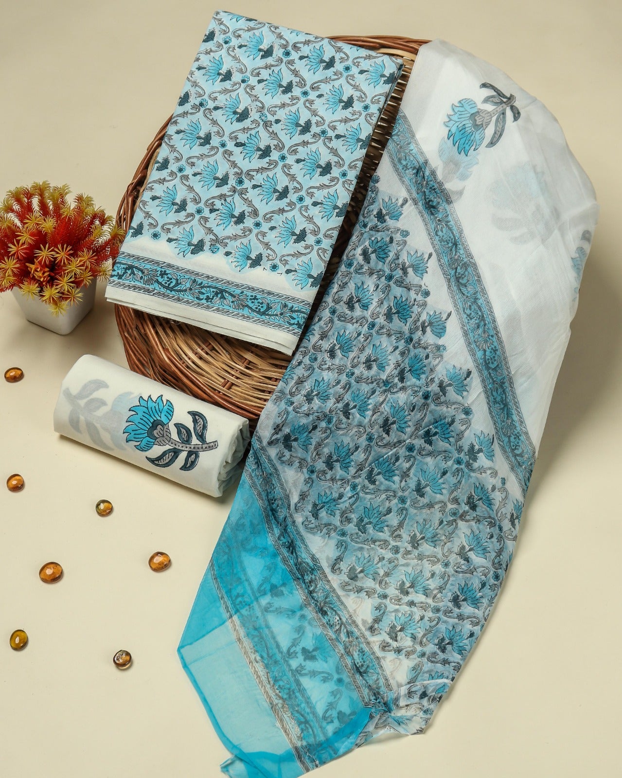 Shop unstitched cotton suits with chiffon dupatta online shopping (PCHF125)